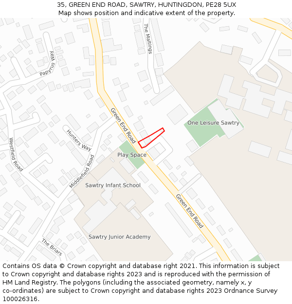 35, GREEN END ROAD, SAWTRY, HUNTINGDON, PE28 5UX: Location map and indicative extent of plot