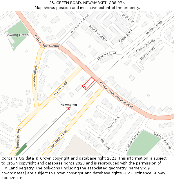 35, GREEN ROAD, NEWMARKET, CB8 9BN: Location map and indicative extent of plot