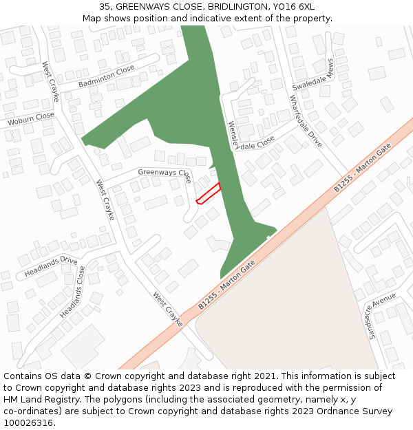 35, GREENWAYS CLOSE, BRIDLINGTON, YO16 6XL: Location map and indicative extent of plot