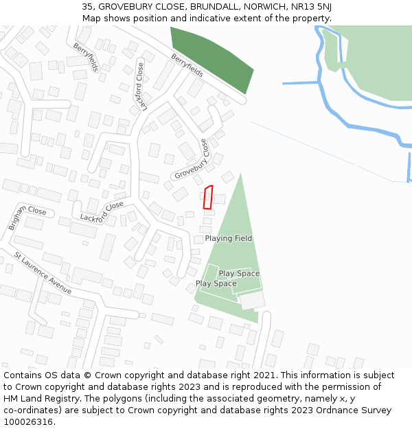 35, GROVEBURY CLOSE, BRUNDALL, NORWICH, NR13 5NJ: Location map and indicative extent of plot