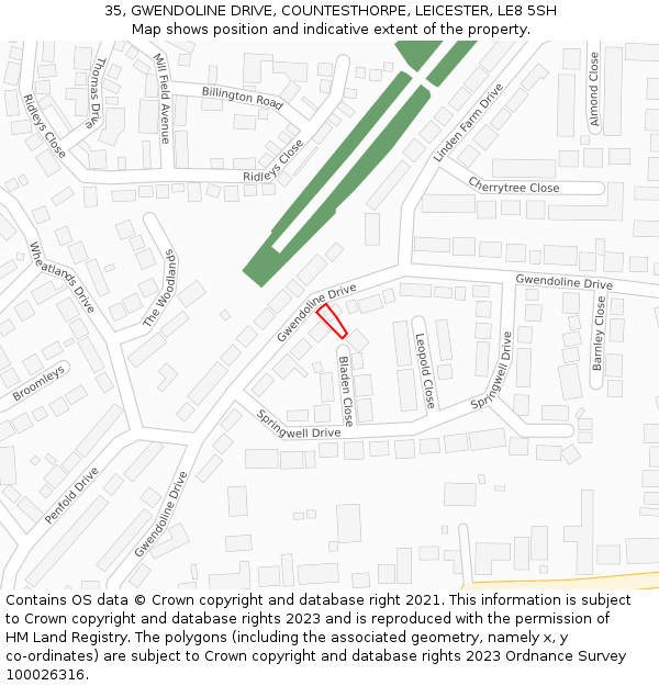 35, GWENDOLINE DRIVE, COUNTESTHORPE, LEICESTER, LE8 5SH: Location map and indicative extent of plot