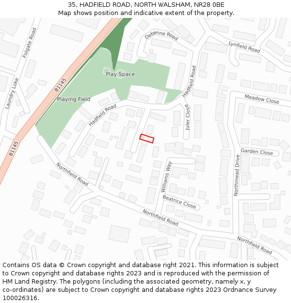 35, HADFIELD ROAD, NORTH WALSHAM, NR28 0BE: Location map and indicative extent of plot