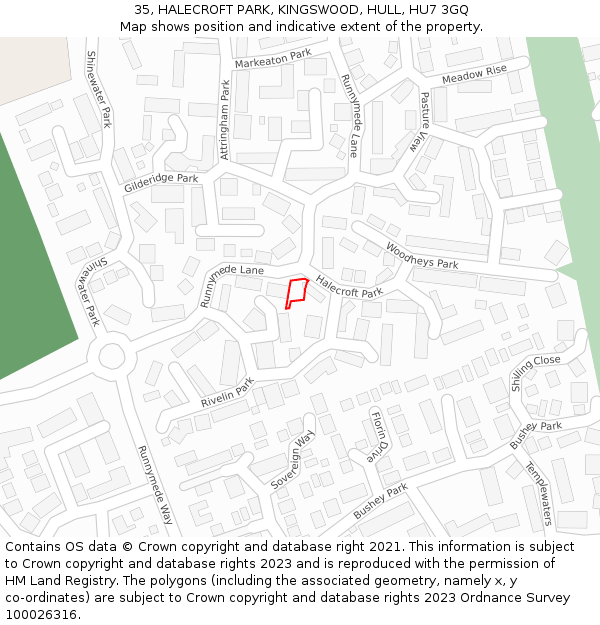 35, HALECROFT PARK, KINGSWOOD, HULL, HU7 3GQ: Location map and indicative extent of plot