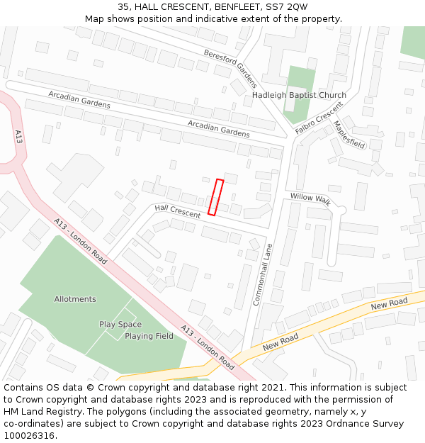 35, HALL CRESCENT, BENFLEET, SS7 2QW: Location map and indicative extent of plot