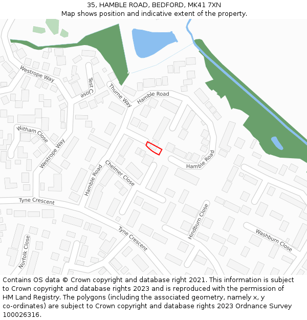 35, HAMBLE ROAD, BEDFORD, MK41 7XN: Location map and indicative extent of plot