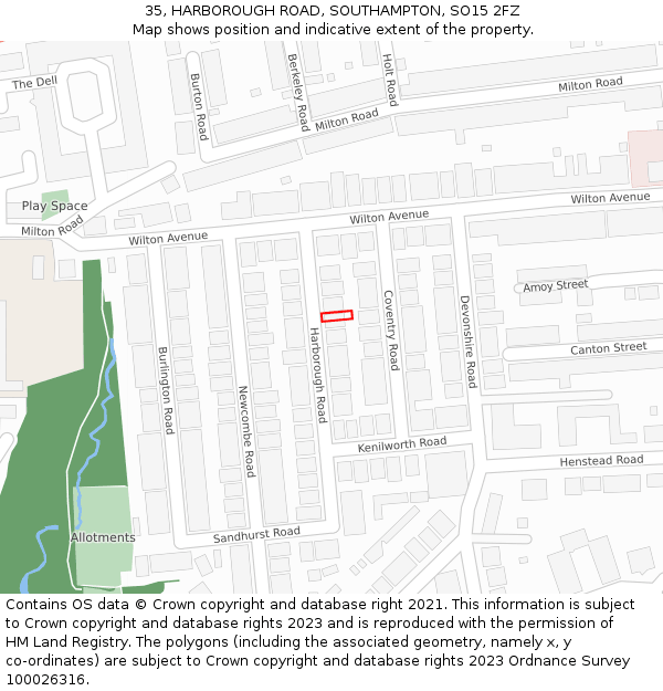 35, HARBOROUGH ROAD, SOUTHAMPTON, SO15 2FZ: Location map and indicative extent of plot