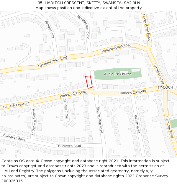 35, HARLECH CRESCENT, SKETTY, SWANSEA, SA2 9LN: Location map and indicative extent of plot