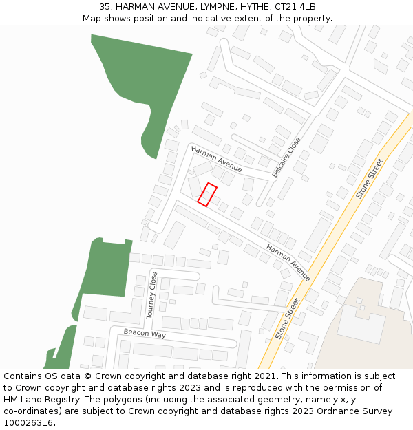 35, HARMAN AVENUE, LYMPNE, HYTHE, CT21 4LB: Location map and indicative extent of plot