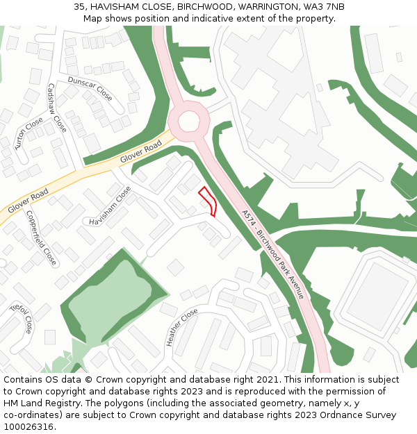 35, HAVISHAM CLOSE, BIRCHWOOD, WARRINGTON, WA3 7NB: Location map and indicative extent of plot