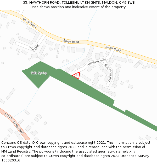 35, HAWTHORN ROAD, TOLLESHUNT KNIGHTS, MALDON, CM9 8WB: Location map and indicative extent of plot