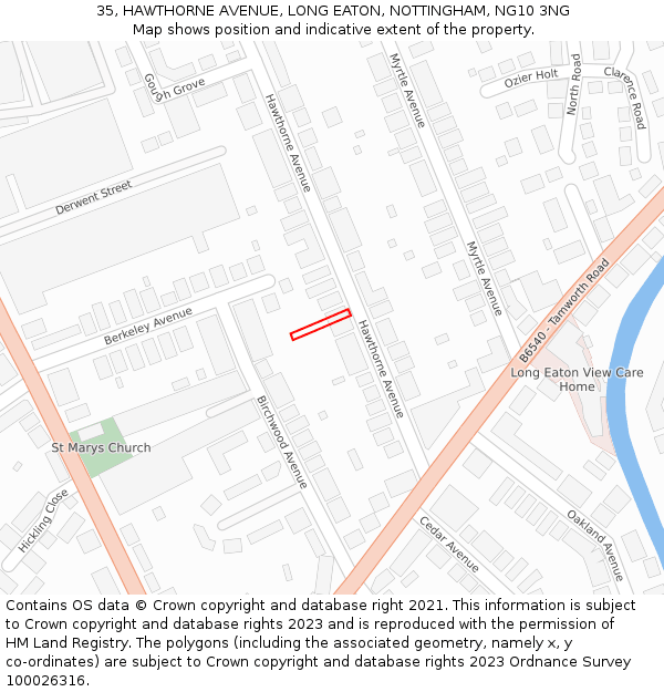 35, HAWTHORNE AVENUE, LONG EATON, NOTTINGHAM, NG10 3NG: Location map and indicative extent of plot