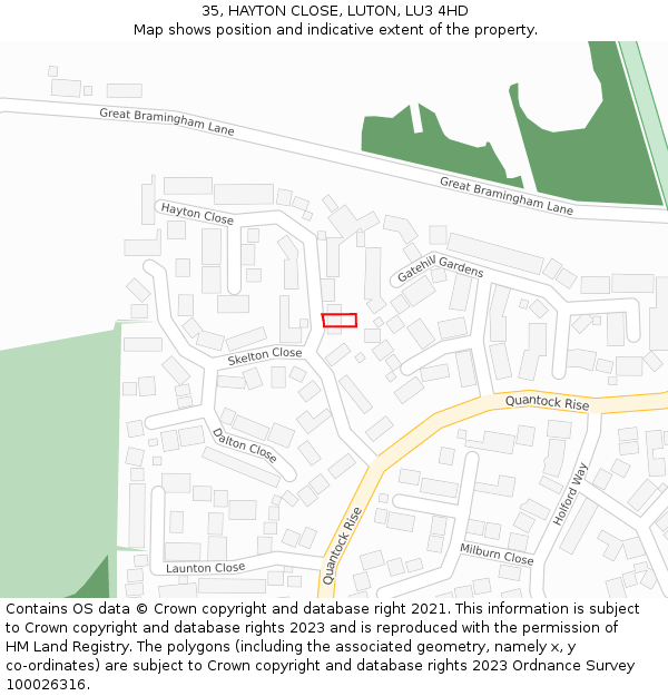 35, HAYTON CLOSE, LUTON, LU3 4HD: Location map and indicative extent of plot