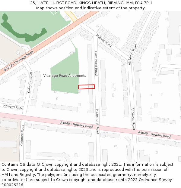 35, HAZELHURST ROAD, KINGS HEATH, BIRMINGHAM, B14 7PH: Location map and indicative extent of plot