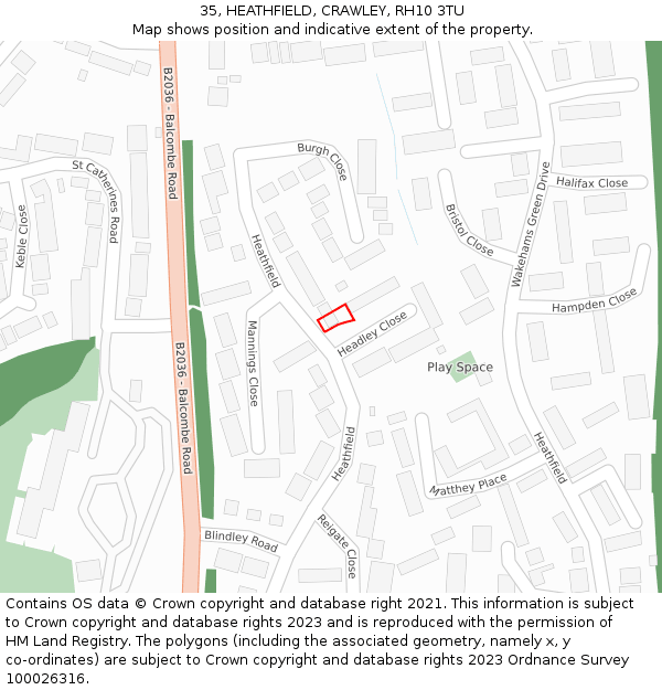 35, HEATHFIELD, CRAWLEY, RH10 3TU: Location map and indicative extent of plot