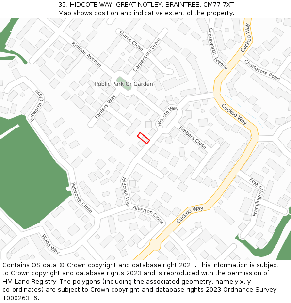 35, HIDCOTE WAY, GREAT NOTLEY, BRAINTREE, CM77 7XT: Location map and indicative extent of plot