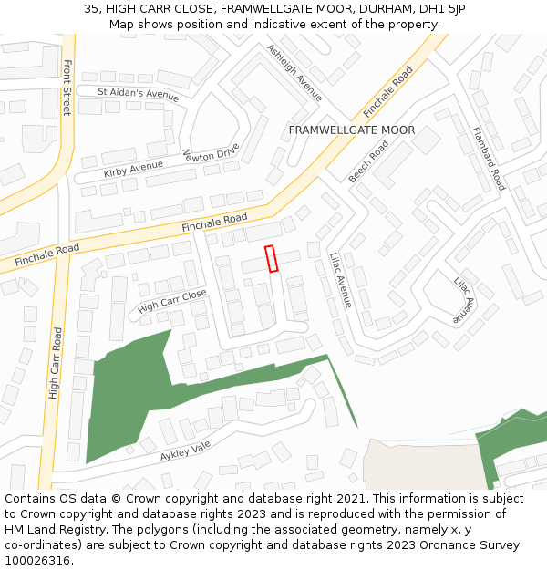 35, HIGH CARR CLOSE, FRAMWELLGATE MOOR, DURHAM, DH1 5JP: Location map and indicative extent of plot