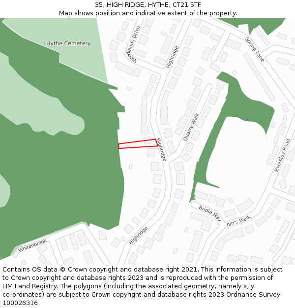 35, HIGH RIDGE, HYTHE, CT21 5TF: Location map and indicative extent of plot