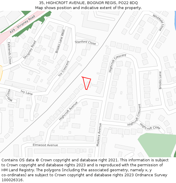 35, HIGHCROFT AVENUE, BOGNOR REGIS, PO22 8DQ: Location map and indicative extent of plot