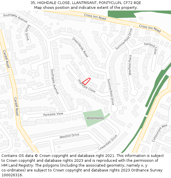 35, HIGHDALE CLOSE, LLANTRISANT, PONTYCLUN, CF72 8QE: Location map and indicative extent of plot