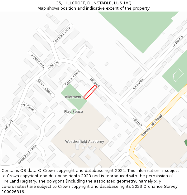 35, HILLCROFT, DUNSTABLE, LU6 1AQ: Location map and indicative extent of plot