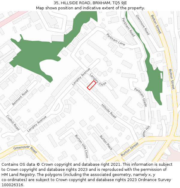 35, HILLSIDE ROAD, BRIXHAM, TQ5 9JE: Location map and indicative extent of plot