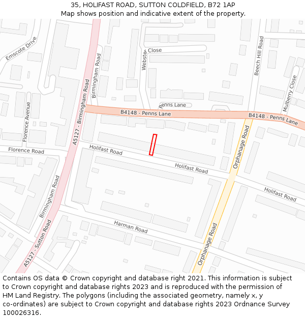 35, HOLIFAST ROAD, SUTTON COLDFIELD, B72 1AP: Location map and indicative extent of plot