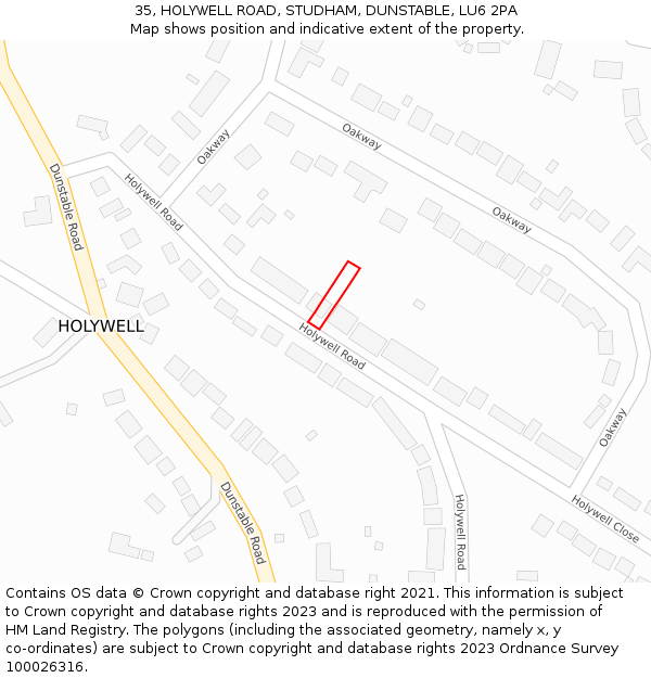 35, HOLYWELL ROAD, STUDHAM, DUNSTABLE, LU6 2PA: Location map and indicative extent of plot