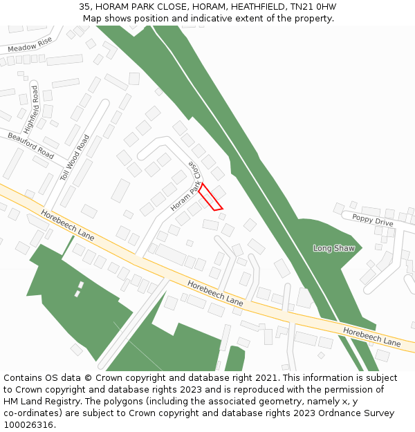 35, HORAM PARK CLOSE, HORAM, HEATHFIELD, TN21 0HW: Location map and indicative extent of plot