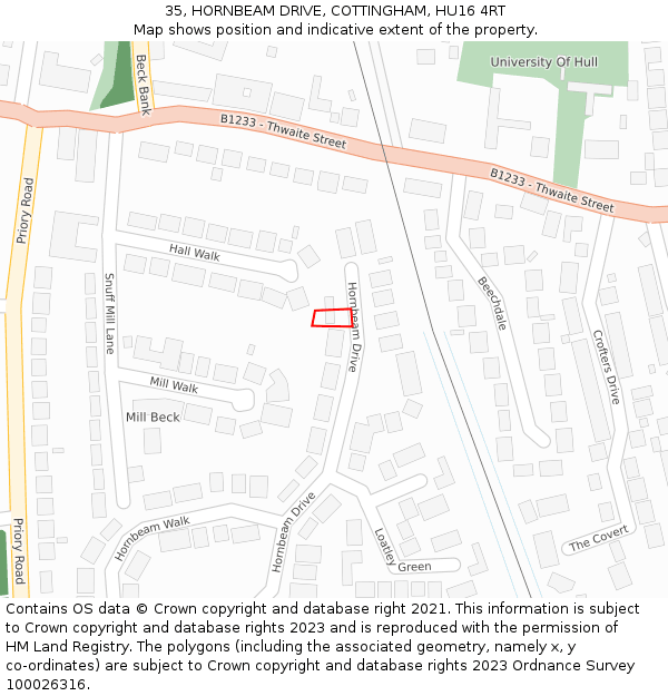 35, HORNBEAM DRIVE, COTTINGHAM, HU16 4RT: Location map and indicative extent of plot