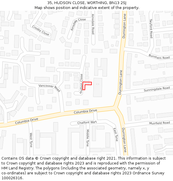 35, HUDSON CLOSE, WORTHING, BN13 2SJ: Location map and indicative extent of plot