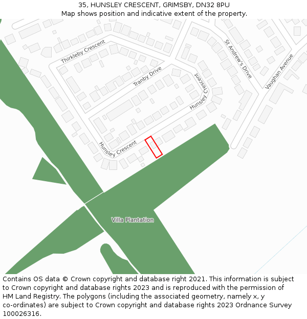 35, HUNSLEY CRESCENT, GRIMSBY, DN32 8PU: Location map and indicative extent of plot