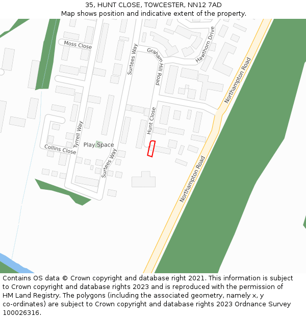 35, HUNT CLOSE, TOWCESTER, NN12 7AD: Location map and indicative extent of plot