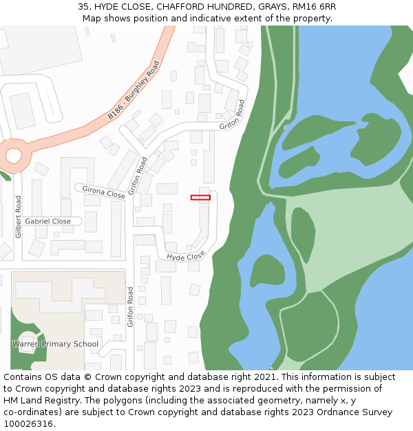 35, HYDE CLOSE, CHAFFORD HUNDRED, GRAYS, RM16 6RR: Location map and indicative extent of plot