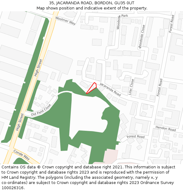 35, JACARANDA ROAD, BORDON, GU35 0UT: Location map and indicative extent of plot