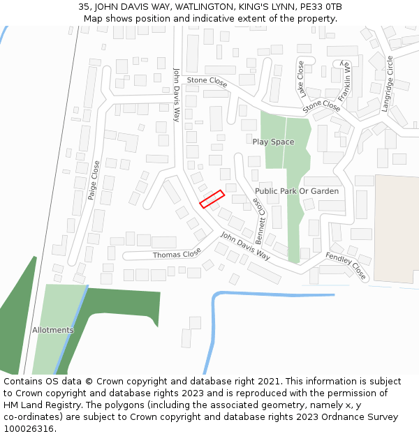 35, JOHN DAVIS WAY, WATLINGTON, KING'S LYNN, PE33 0TB: Location map and indicative extent of plot