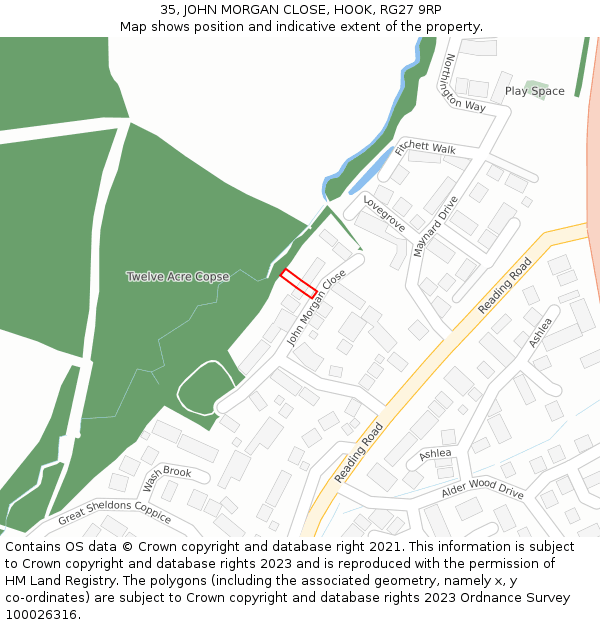 35, JOHN MORGAN CLOSE, HOOK, RG27 9RP: Location map and indicative extent of plot