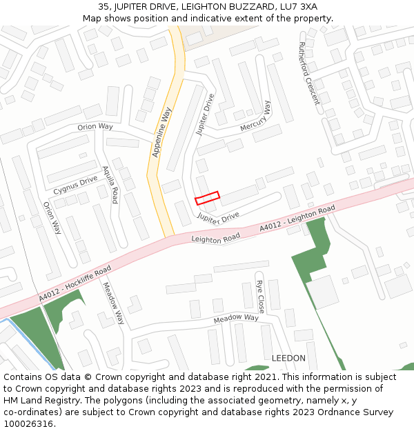 35, JUPITER DRIVE, LEIGHTON BUZZARD, LU7 3XA: Location map and indicative extent of plot