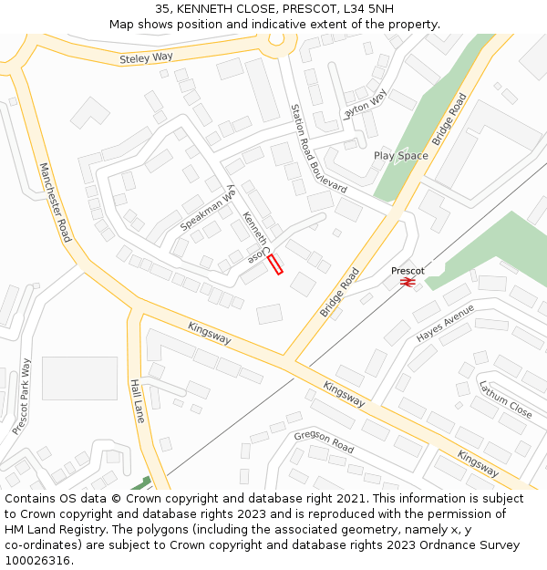 35, KENNETH CLOSE, PRESCOT, L34 5NH: Location map and indicative extent of plot