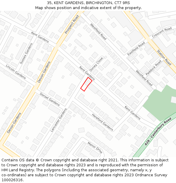 35, KENT GARDENS, BIRCHINGTON, CT7 9RS: Location map and indicative extent of plot