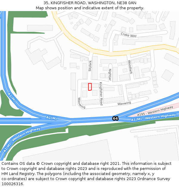 35, KINGFISHER ROAD, WASHINGTON, NE38 0AN: Location map and indicative extent of plot