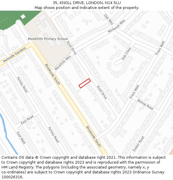 35, KNOLL DRIVE, LONDON, N14 5LU: Location map and indicative extent of plot