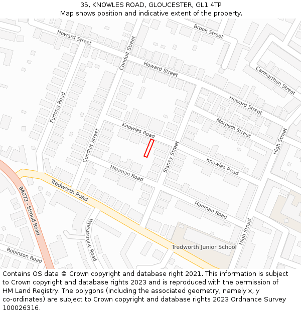 35, KNOWLES ROAD, GLOUCESTER, GL1 4TP: Location map and indicative extent of plot