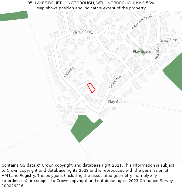 35, LAKESIDE, IRTHLINGBOROUGH, WELLINGBOROUGH, NN9 5SW: Location map and indicative extent of plot