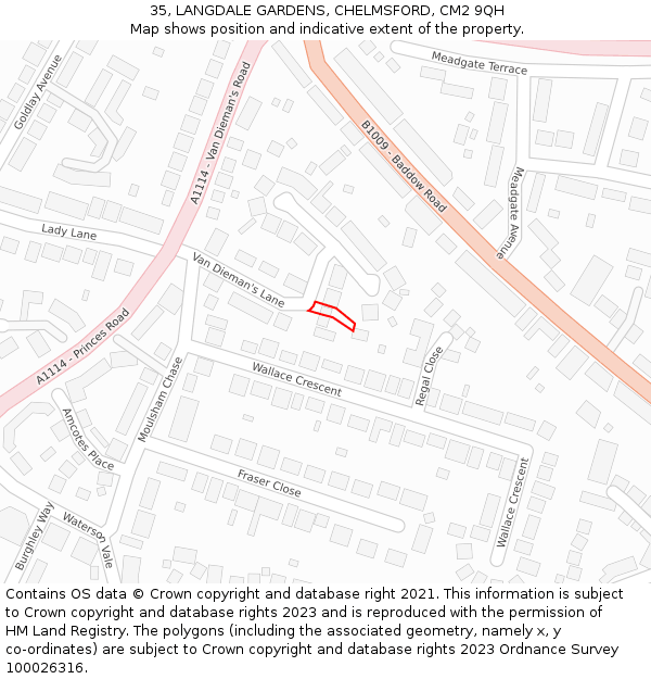 35, LANGDALE GARDENS, CHELMSFORD, CM2 9QH: Location map and indicative extent of plot