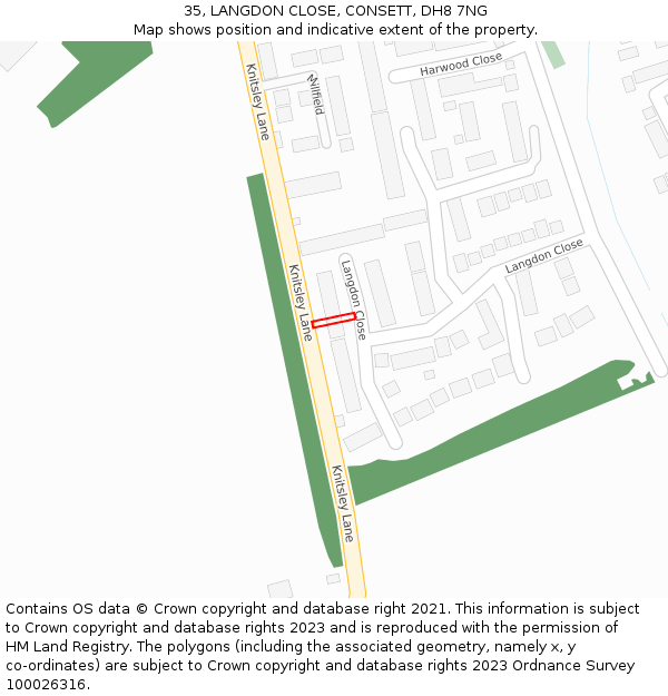 35, LANGDON CLOSE, CONSETT, DH8 7NG: Location map and indicative extent of plot