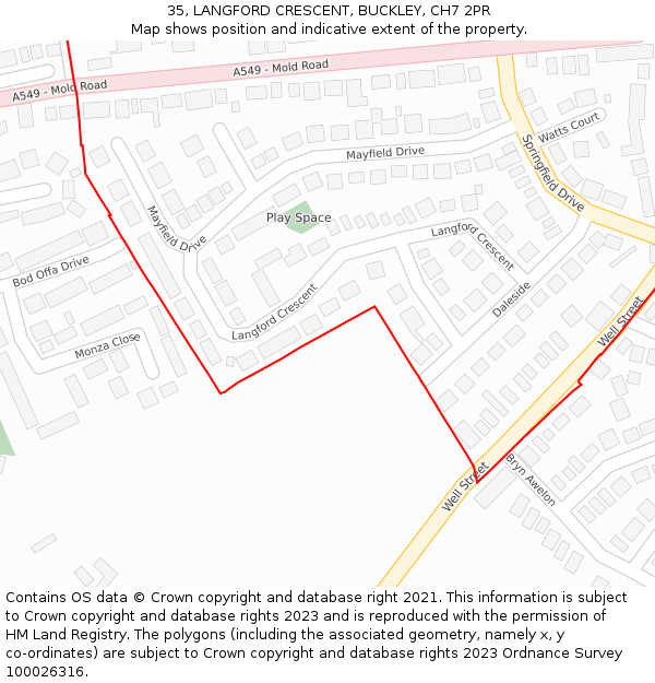 35, LANGFORD CRESCENT, BUCKLEY, CH7 2PR: Location map and indicative extent of plot