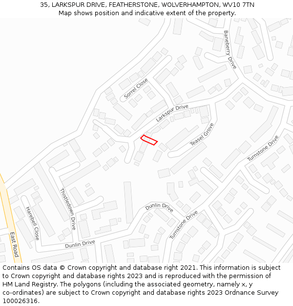 35, LARKSPUR DRIVE, FEATHERSTONE, WOLVERHAMPTON, WV10 7TN: Location map and indicative extent of plot