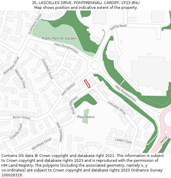 35, LASCELLES DRIVE, PONTPRENNAU, CARDIFF, CF23 8NU: Location map and indicative extent of plot