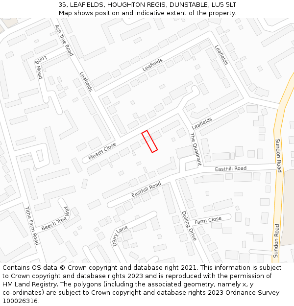 35, LEAFIELDS, HOUGHTON REGIS, DUNSTABLE, LU5 5LT: Location map and indicative extent of plot