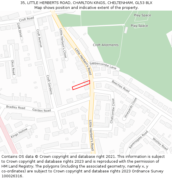35, LITTLE HERBERTS ROAD, CHARLTON KINGS, CHELTENHAM, GL53 8LX: Location map and indicative extent of plot